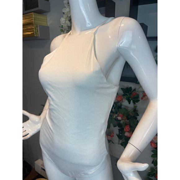 Haute Monde Hight Neck‎ Off White Thong Snap Bottom Bodysuit Size M RefFNB - Picture 7 of 8